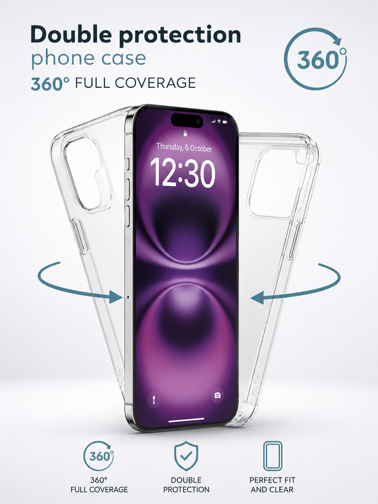Husă 360° Full Coverage Transparentă pentru iPhone 14 Pro / 15 – Protecție Dublă