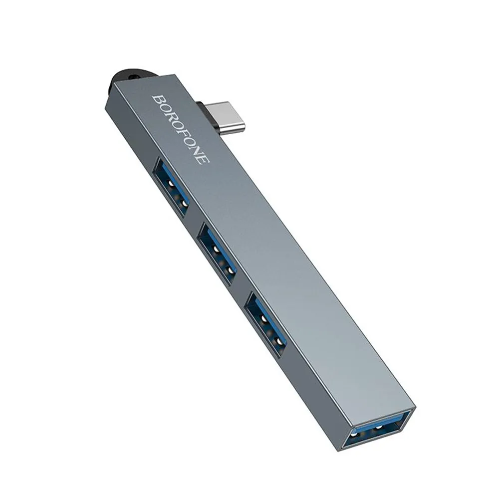 Borofone - 4in1 Hub (FH1A) - Type-C to 3x USB 2.0, 1x USB 3.0, Aluminium Alloy, Plug&Play, up to 5Gbps - Metal Gray