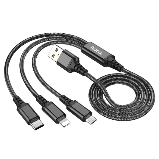 [0016] Cablu Date si Incarcare USB-A - Lightning / microUSB / USB-C HOCO X76, 18W, 1m, Negru