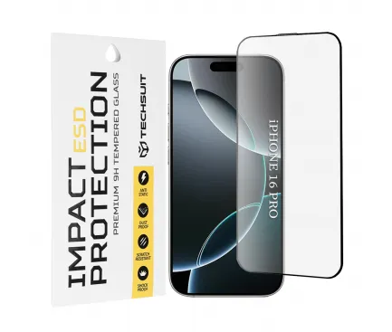 Folie de protectie Ecran Techsuit pentru Apple iPhone 16 Pro, Sticla Securizata, Full Glue, Neagra