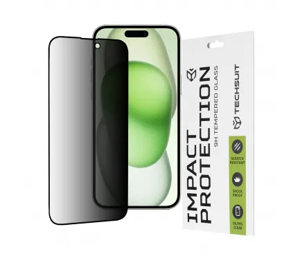 Folie de protectie Ecran Privacy Techsuit pentru Apple iPhone 16 Plus / 15 Plus, Sticla Securizata, Full Glue, 111D
